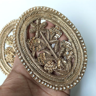 1 Pair - Oval Antique Gold Indian Zardozi Applique Sew On Patch