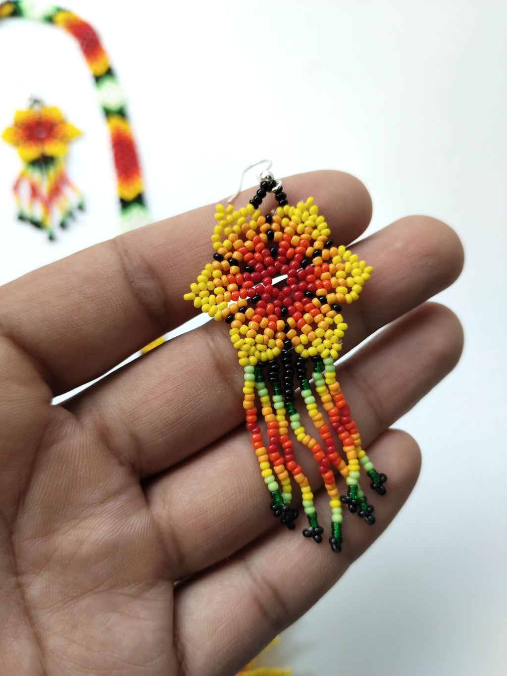 Floral Beaded Necklace with Fringed Earrings: Boho Wedding Set