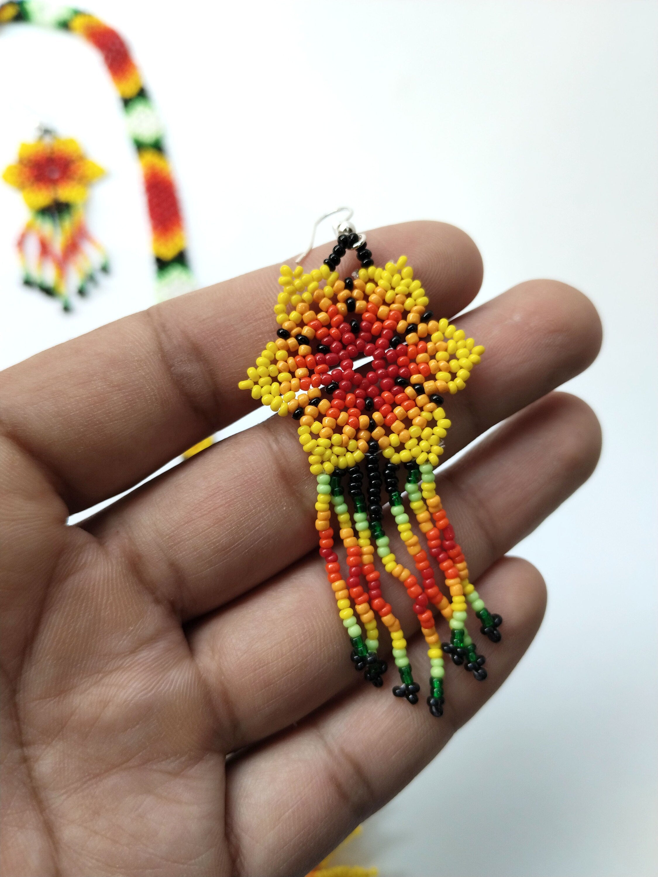 Floral Beaded Necklace with Fringed Earrings: Boho Wedding Set