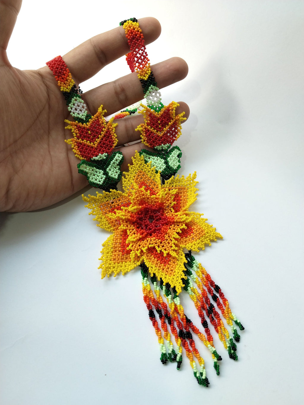 Floral Beaded Necklace with Fringed Earrings: Boho Wedding Set