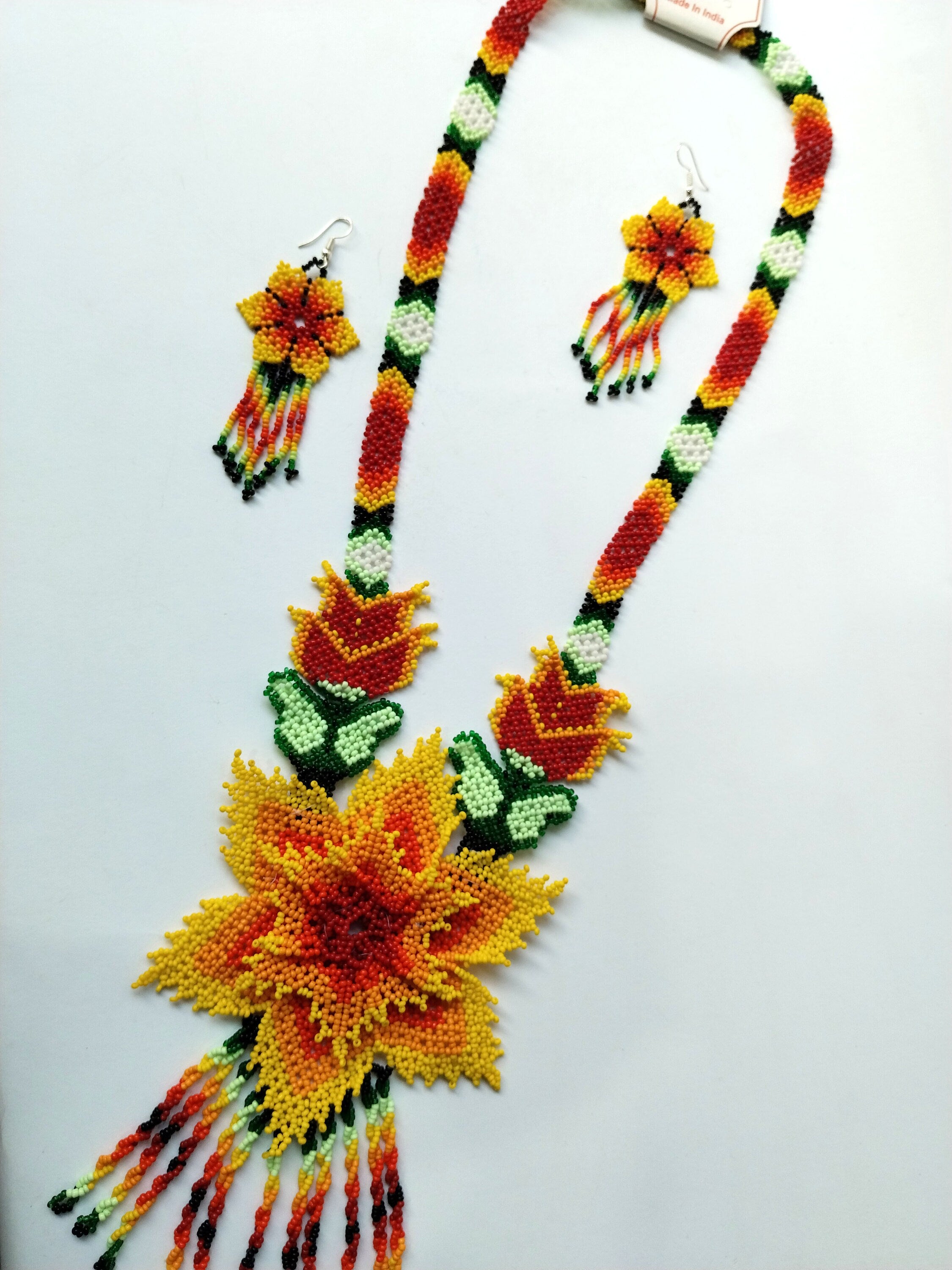 Floral Beaded Necklace with Fringed Earrings: Boho Wedding Set