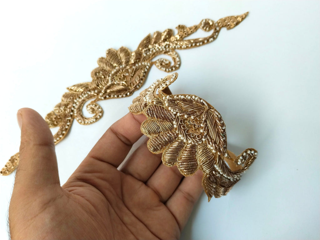 Golden Sleeve Applique Patch Set: Handcrafted Sequin & Pearl Indian Artwork