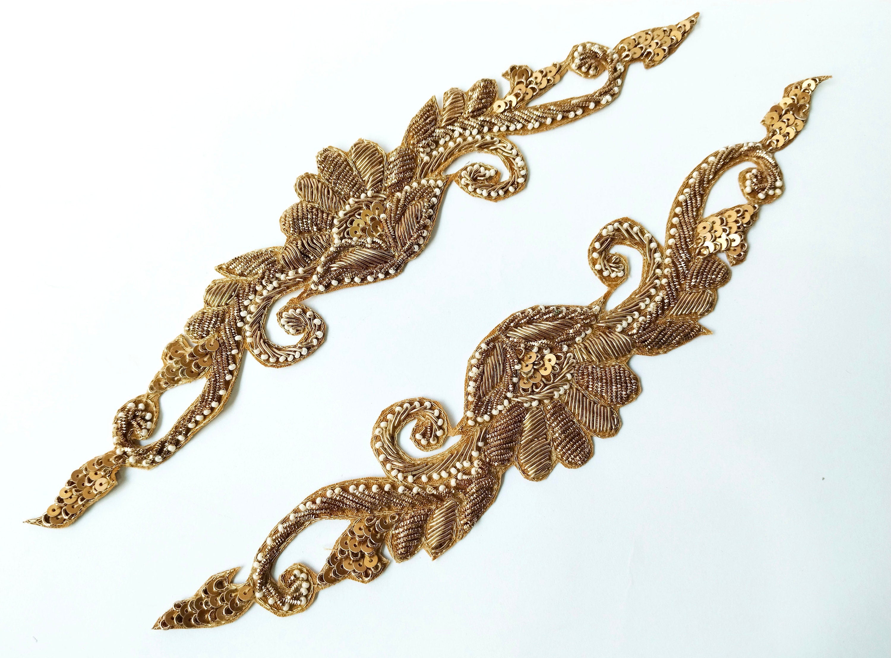 Golden Sleeve Applique Patch Set: Handcrafted Sequin & Pearl Indian Artwork