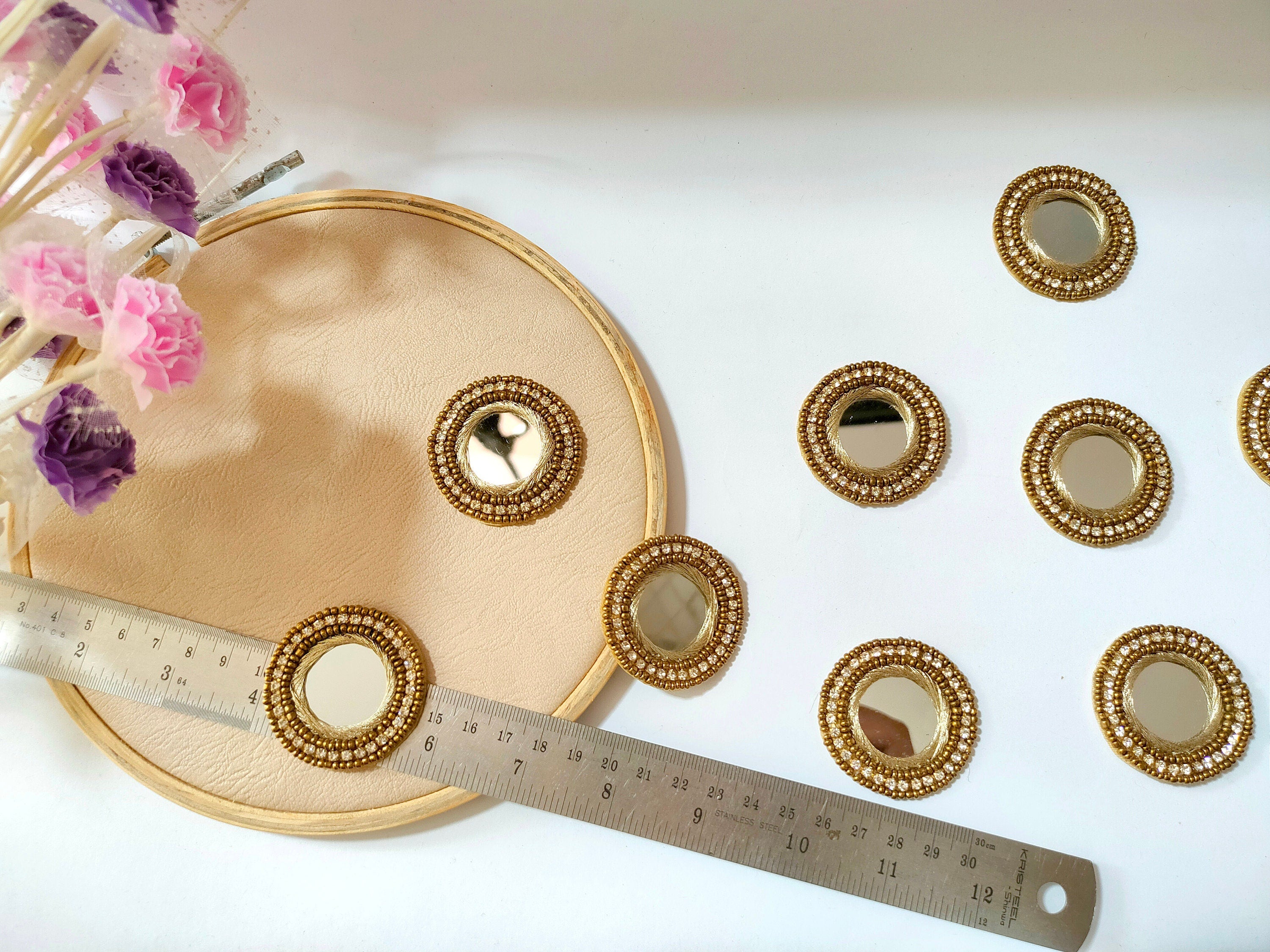 Mirror Beaded Applique Patches: Round Indian Zircon Embellishments - 10 Pc