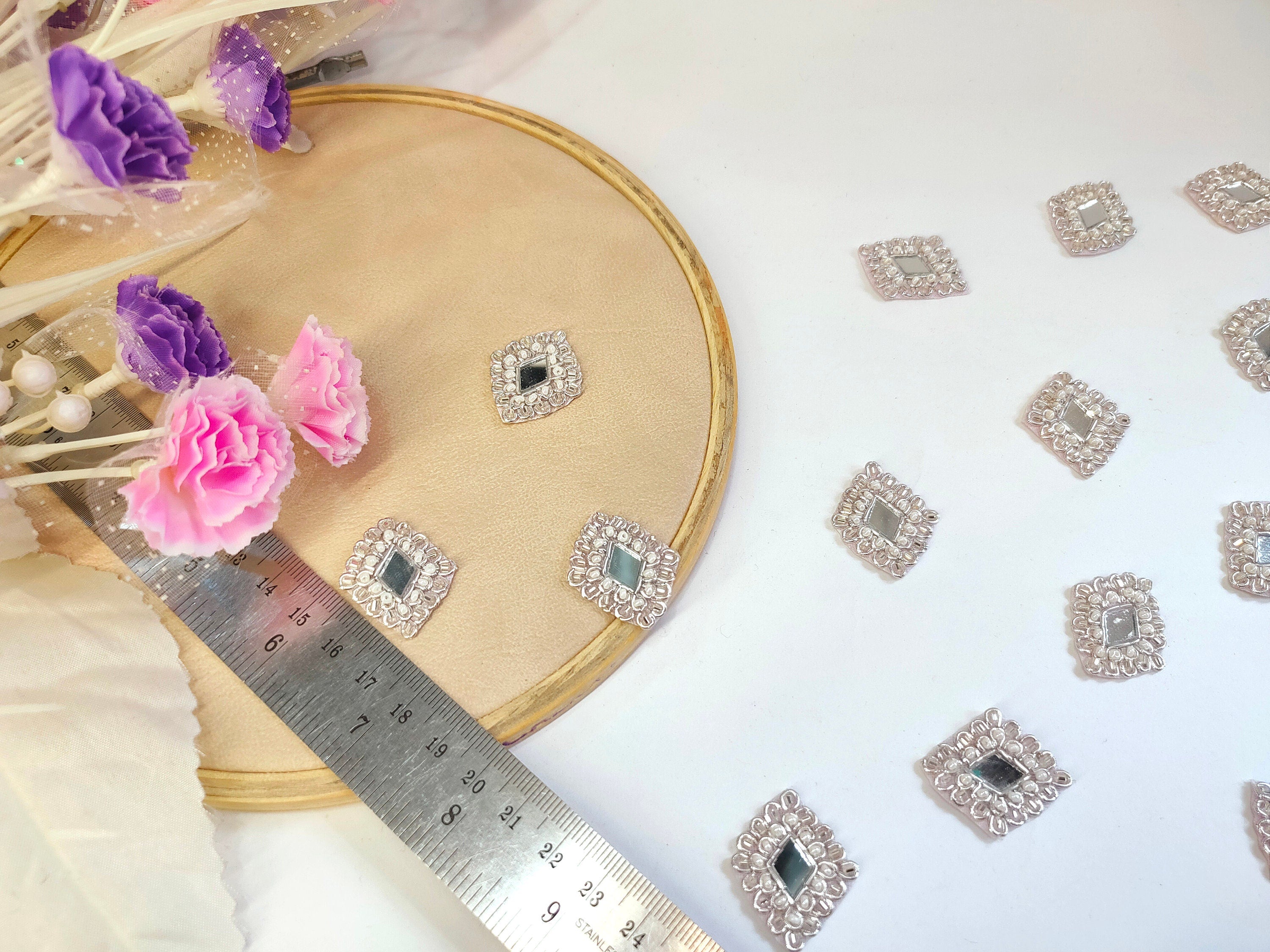 25 Silver Zardozi Mirror Applique Patches – Indian Embroidery Embellishments