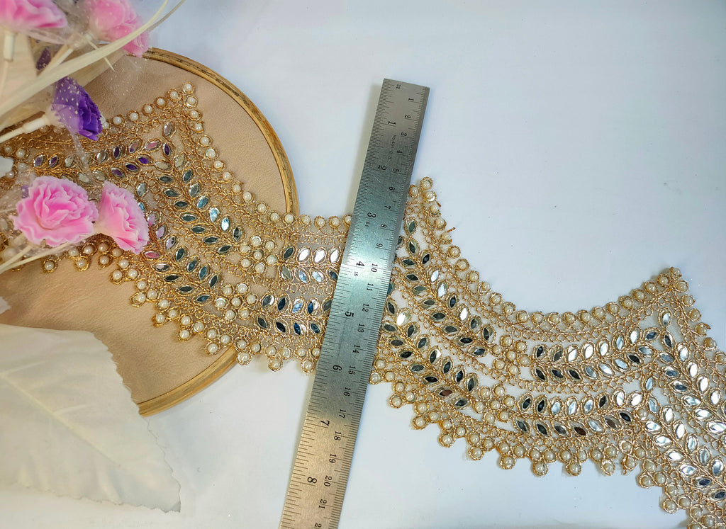 Golden Scalloped Mirror & Pearl Trim: Indian Zari Sari Lace (9cm Wide)