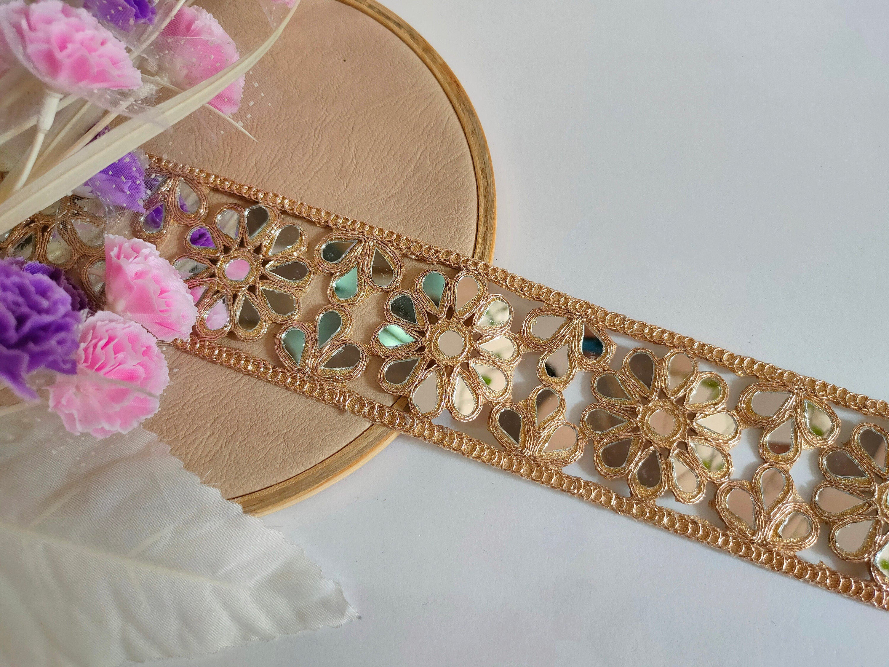 Rose Gold Floral Mirror Trim: Indian Sari Border, Wedding Embellishment