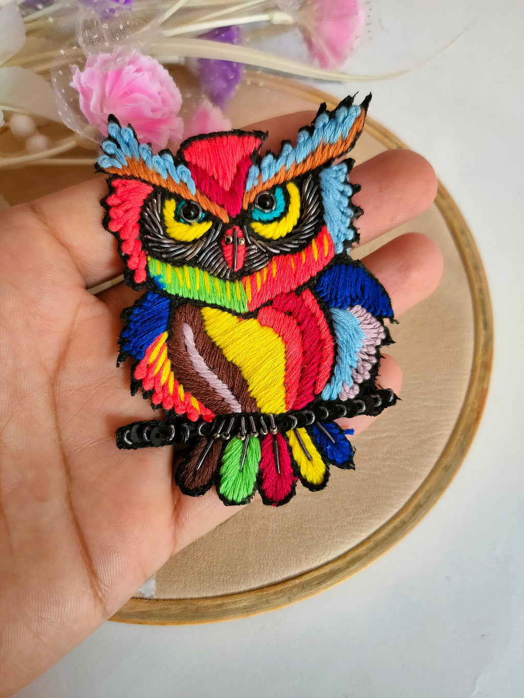 Colorful Threadwork Owl Applique Patch: Zardozi Handcrafted Art