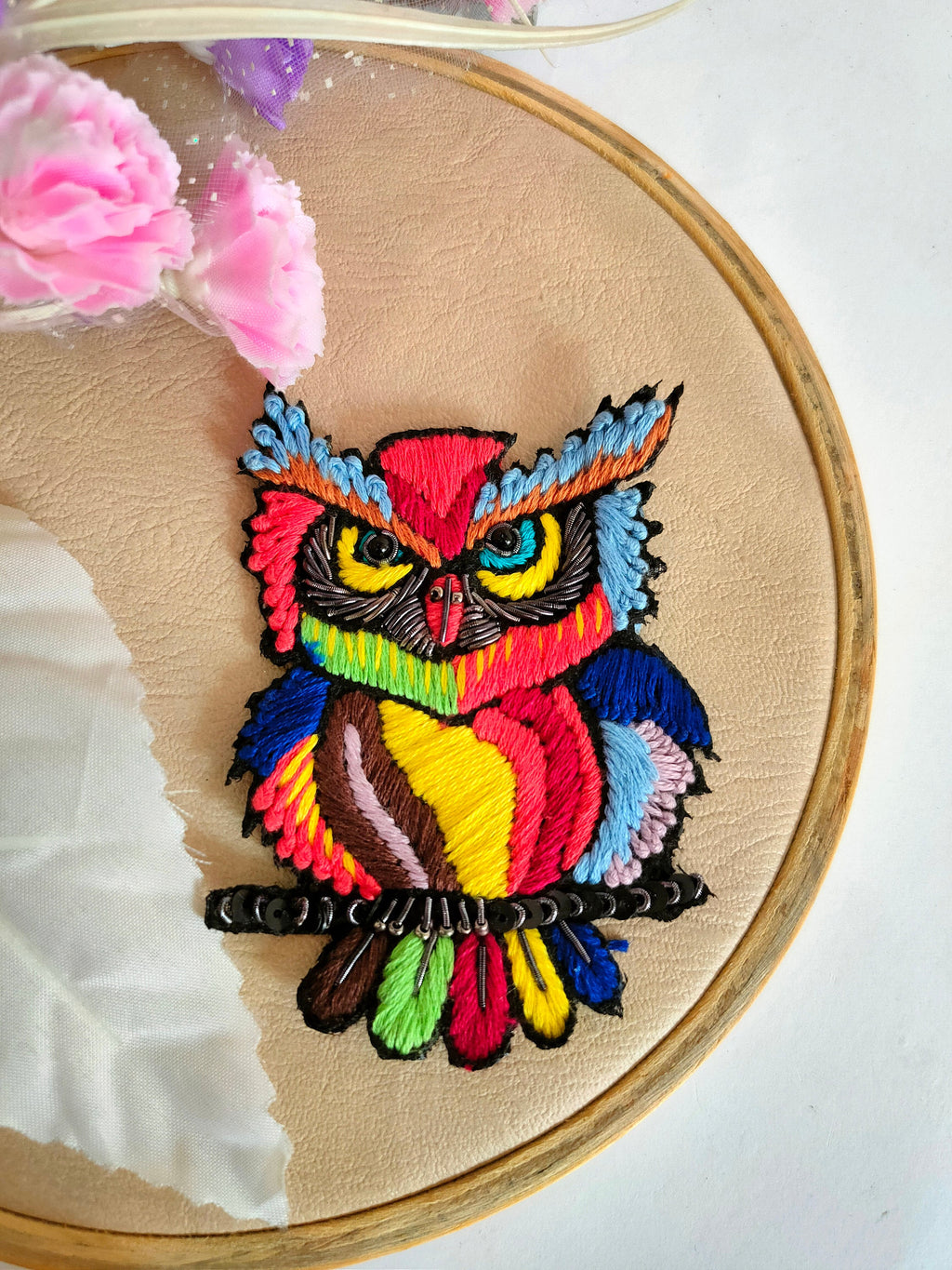 Colorful Threadwork Owl Applique Patch: Zardozi Handcrafted Art