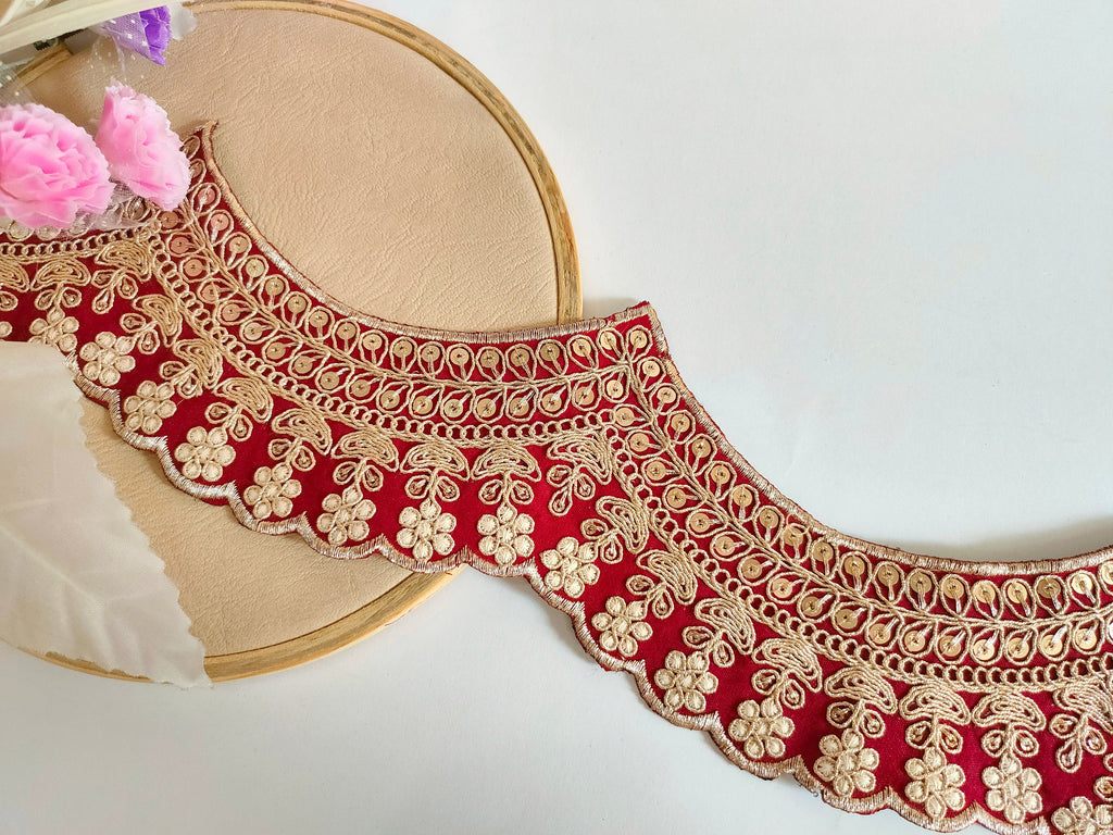 Maroon Embroidered Scallop Lace: Zari Sari Border, Wedding Dress Trim (7 Yards)