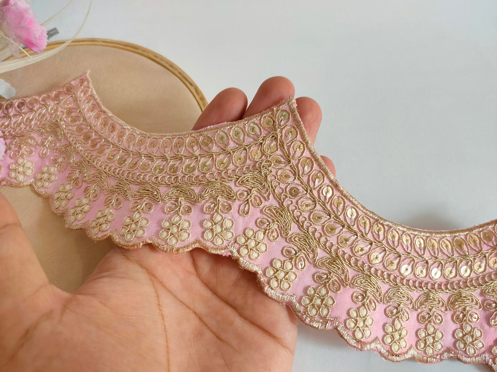 Light Pink Embroidered Scallop Lace: Zari Sari Border Trim - 9 Yards