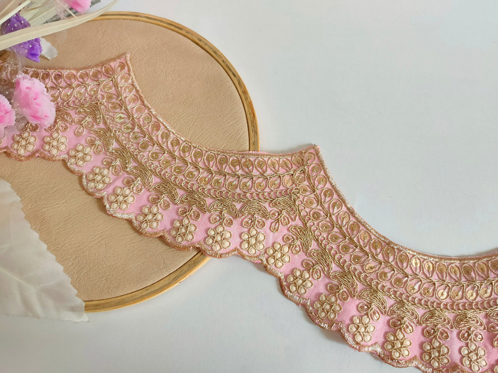 Light Pink Embroidered Scallop Lace: Zari Sari Border Trim - 9 Yards