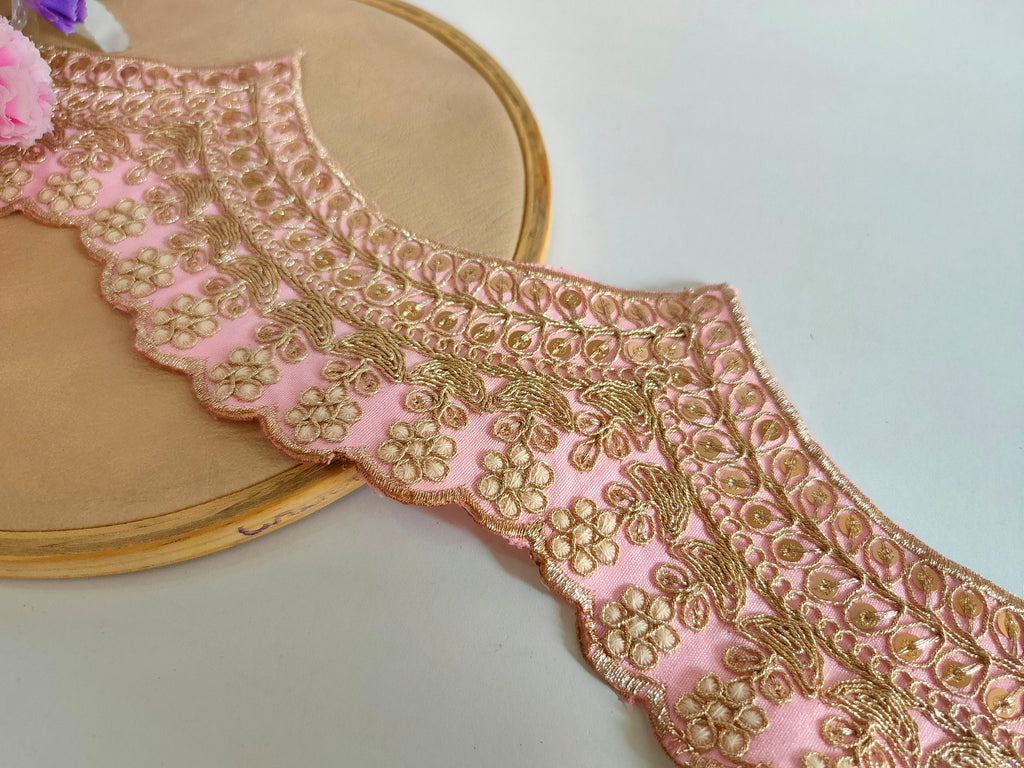 Light Pink Embroidered Scallop Lace: Zari Sari Border Trim - 9 Yards