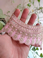 Light Pink Embroidered Scallop Lace: Zari Sari Border Trim - 9 Yards