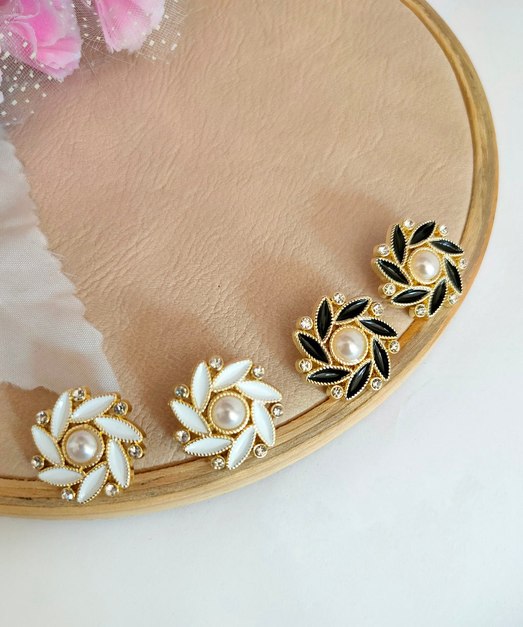 Floral Pearl Rhinestone Buttons: Black/White Crystal Embellishments (Pack of 10)