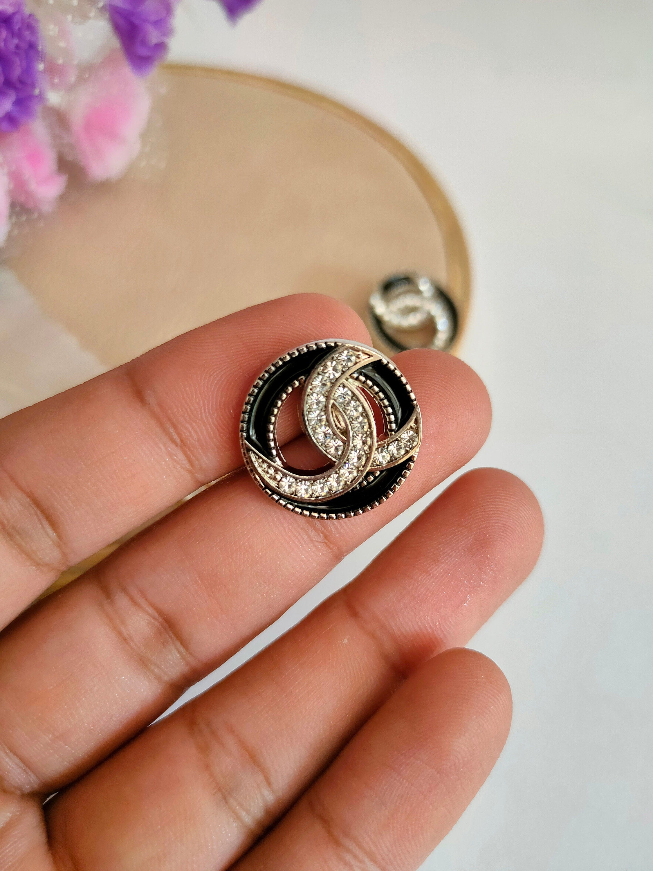Crystal Rhinestone Buttons: Black/White Metallic Sew-On Embellishments (Pack of 10)