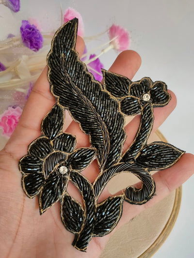 Set of 2- Metallic Black/ Grey Glass Beads Embroidered Sew-On Patch