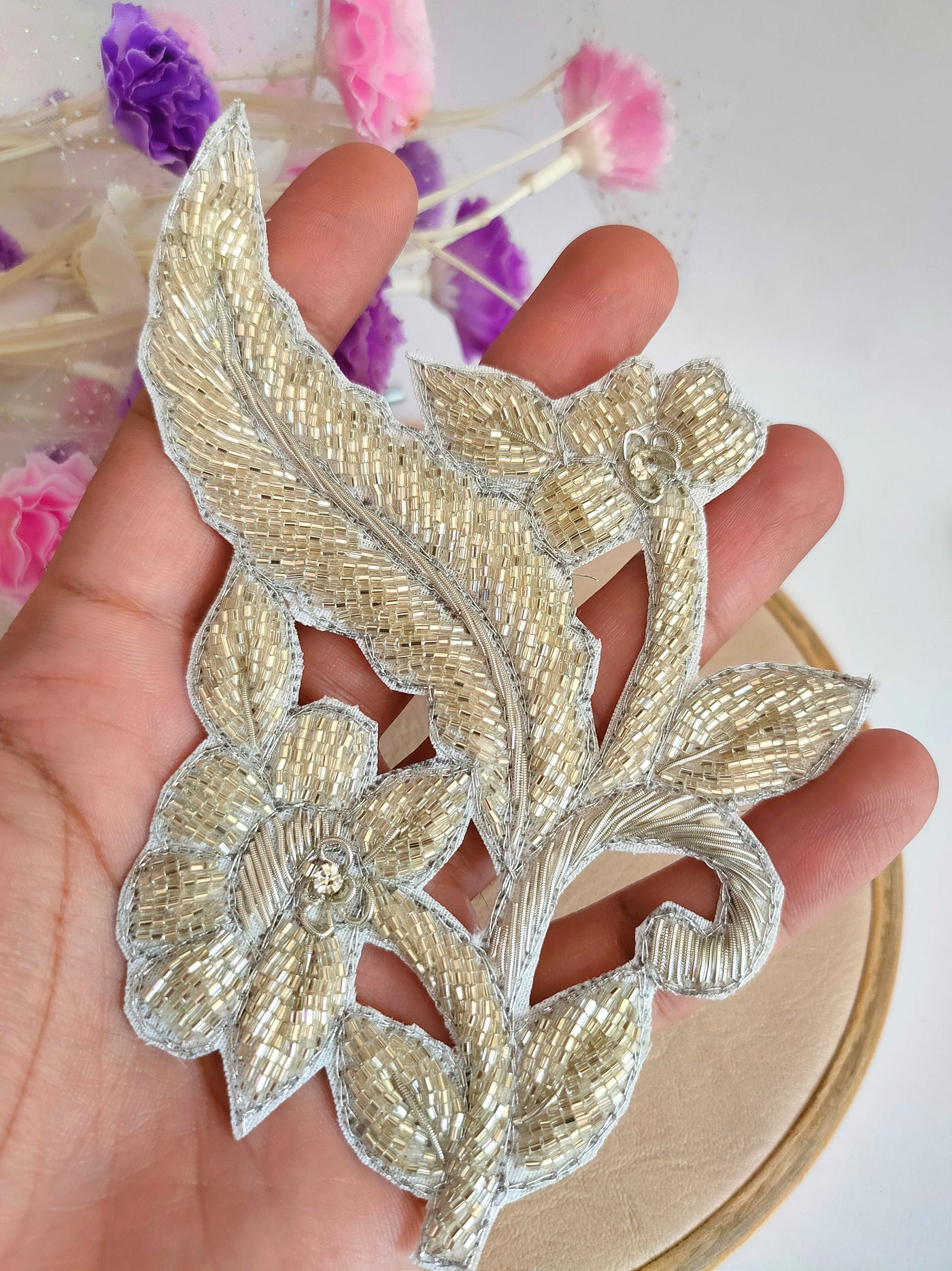 Set of 2- Metallic Gold/ Silver Beads Embroidered Sew -On Patch