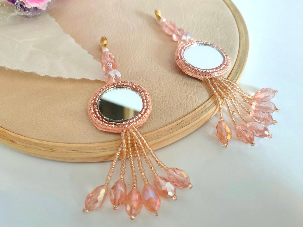 Rose Gold Mirror Latkan Tassels: Crystal Sari Dupatta Embellishments (1 Pair)