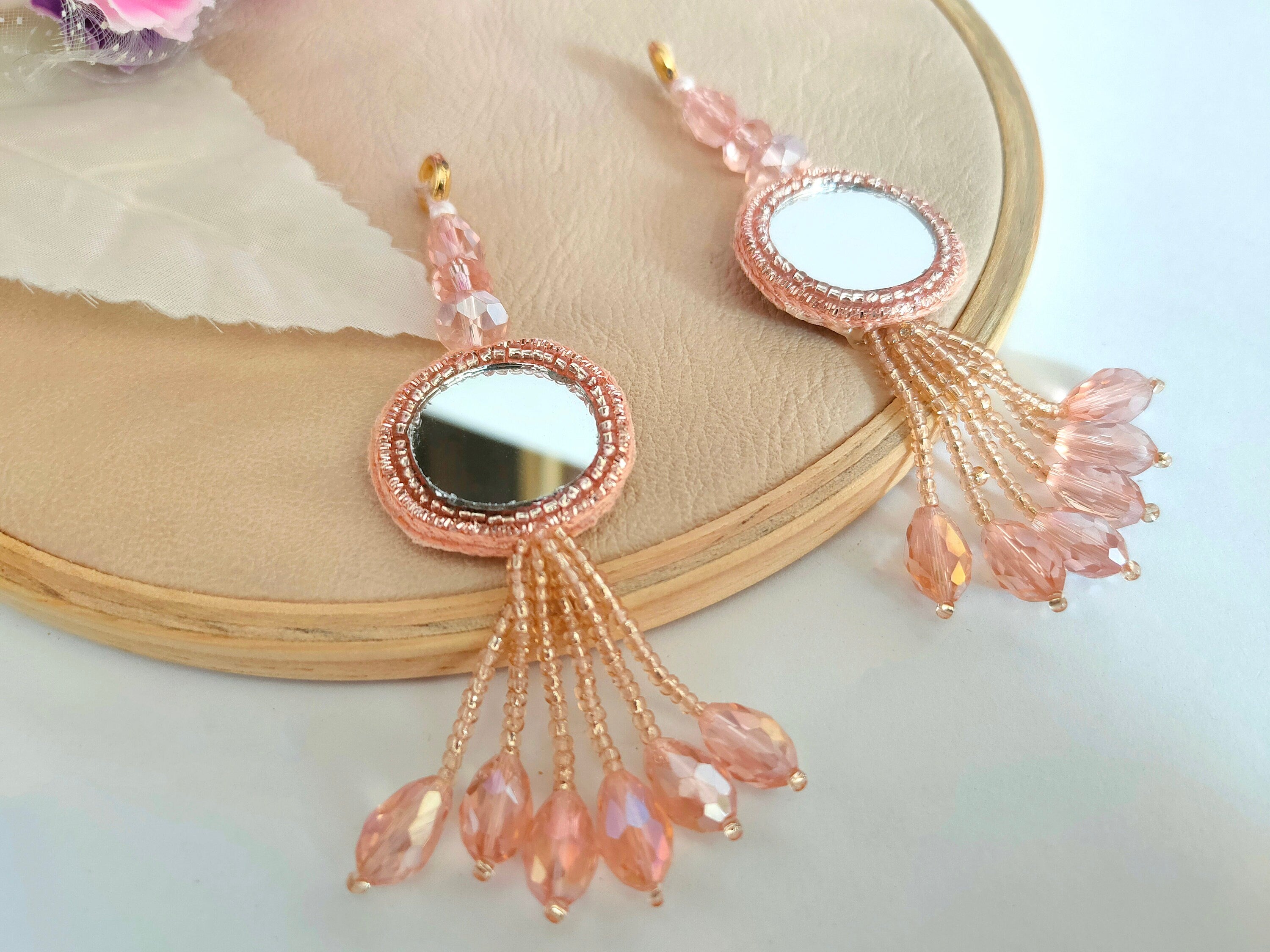 Rose Gold Mirror Latkan Tassels: Crystal Sari Dupatta Embellishments (1 Pair)