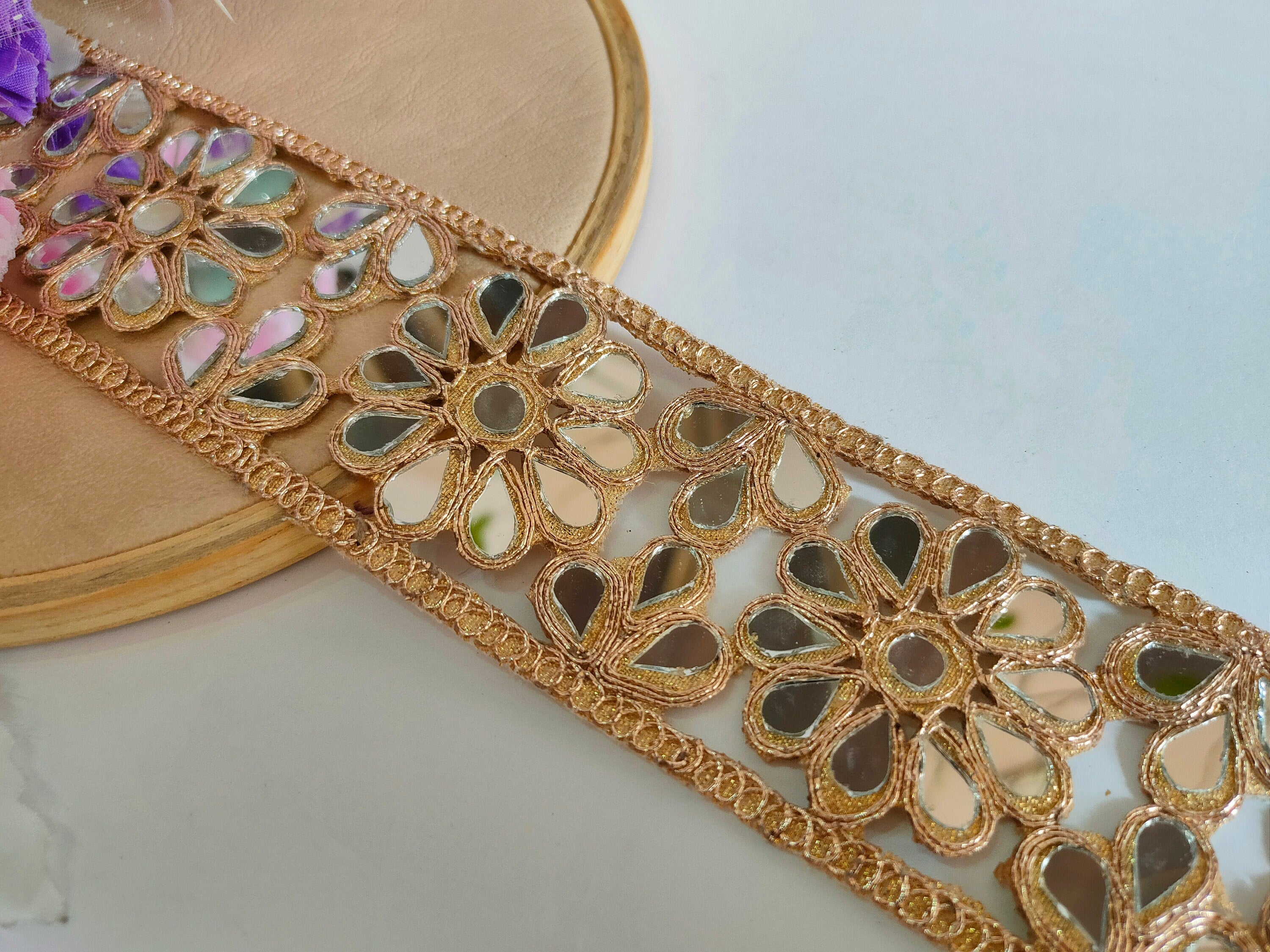 Rose Gold Floral Mirror Trim: Indian Sari Border, Wedding Embellishment