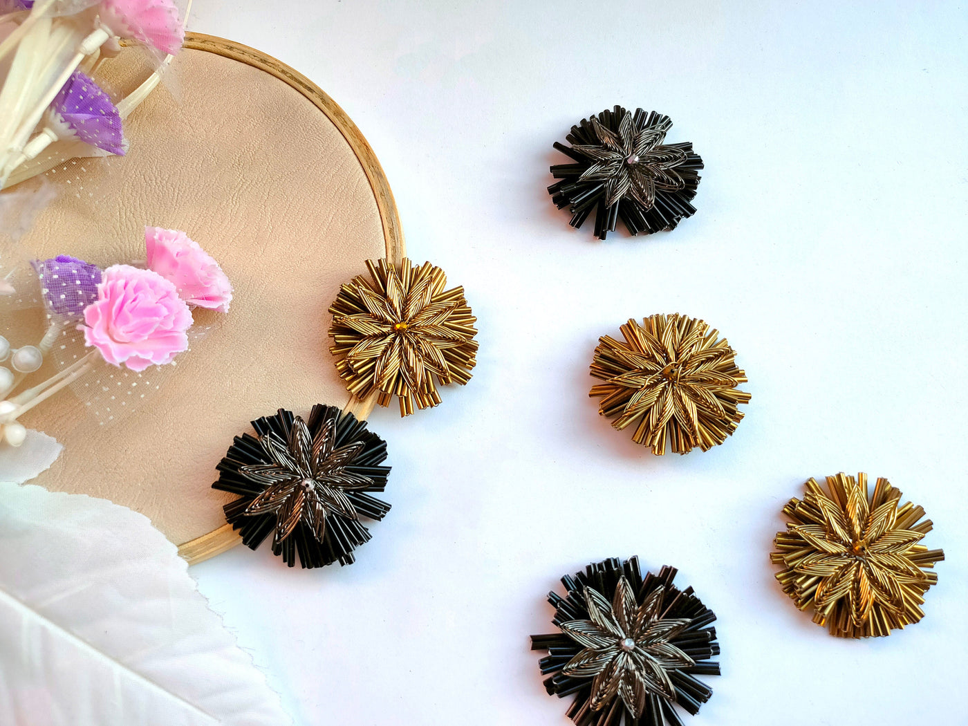 6 Pc - Metallic Black/Golden Beaded Applique Patches - 5cm