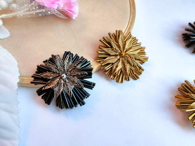 6 Pc - Metallic Black/Golden Beaded Applique Patches - 5cm