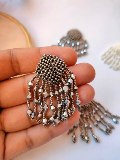 Steampunk Tassel Buttons: White & Gunmetal Grey Beaded Embellishments (Pack of 5)