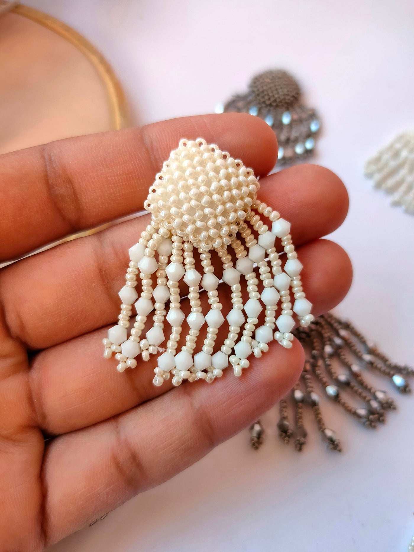 Steampunk Tassel Buttons: White & Gunmetal Grey Beaded Embellishments (Pack of 5)