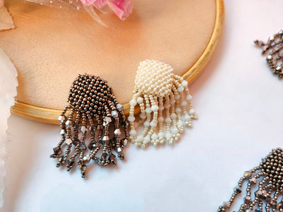 Steampunk Tassel Buttons: White & Gunmetal Grey Beaded Embellishments (Pack of 5)