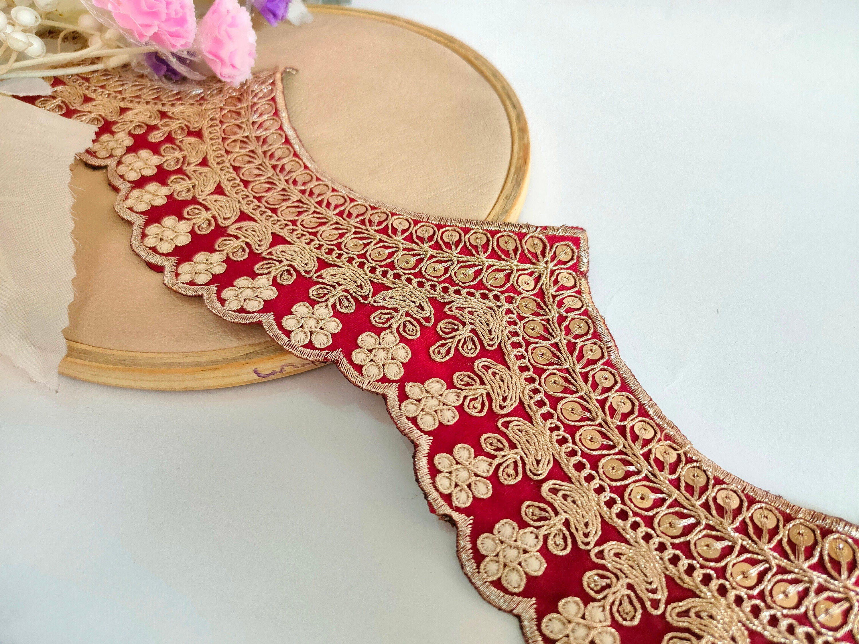 Maroon Embroidered Scallop Lace: Zari Sari Border, Wedding Dress Trim (7 Yards)
