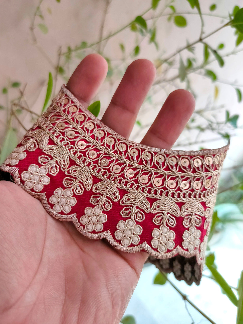 Maroon Embroidered Scallop Lace: Zari Sari Border, Wedding Dress Trim (7 Yards)