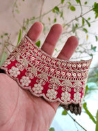 Maroon Embroidered Scallop Lace: Zari Sari Border, Wedding Dress Trim (7 Yards)