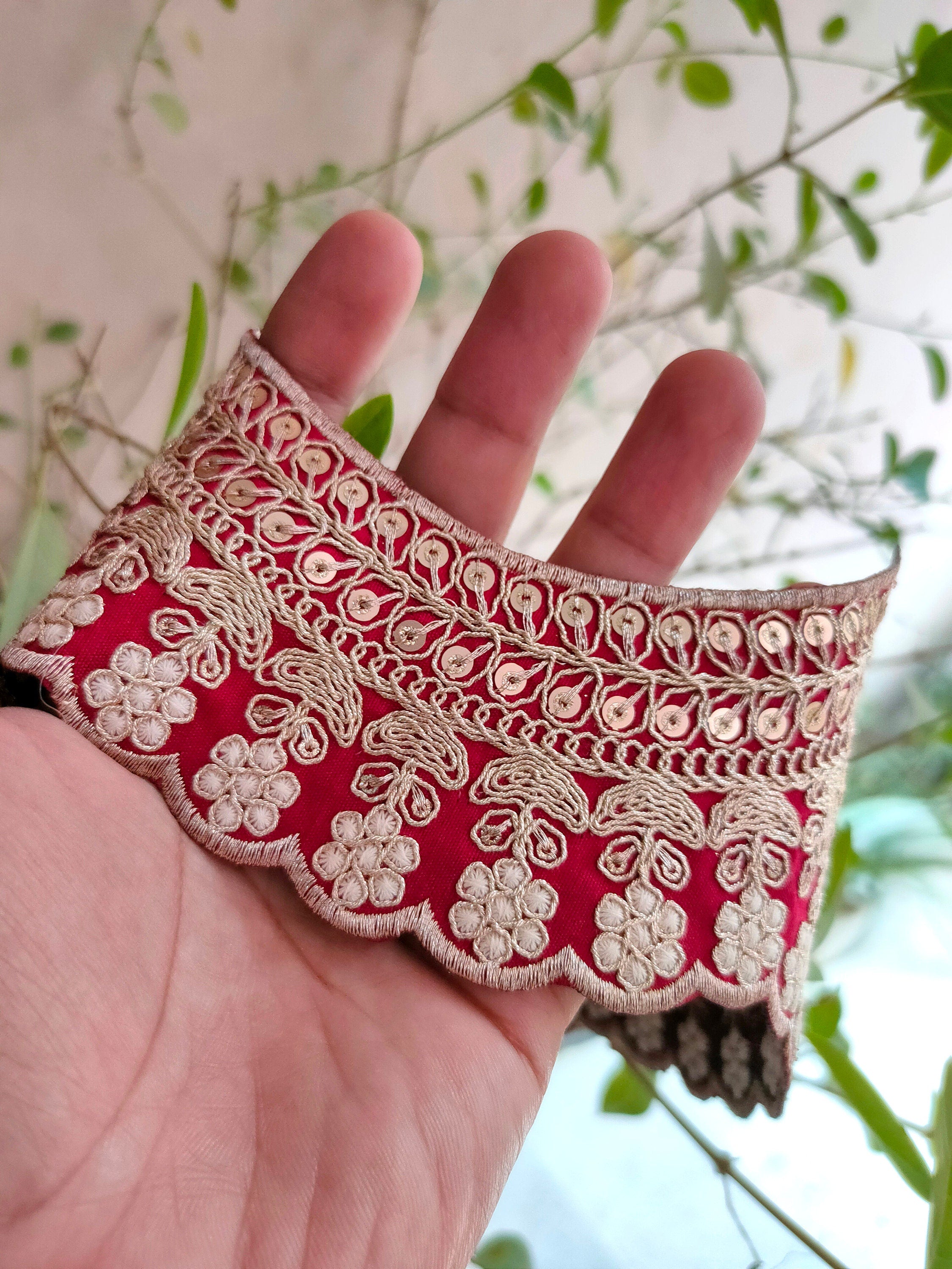 Maroon Embroidered Scallop Lace: Zari Sari Border, Wedding Dress Trim (7 Yards)