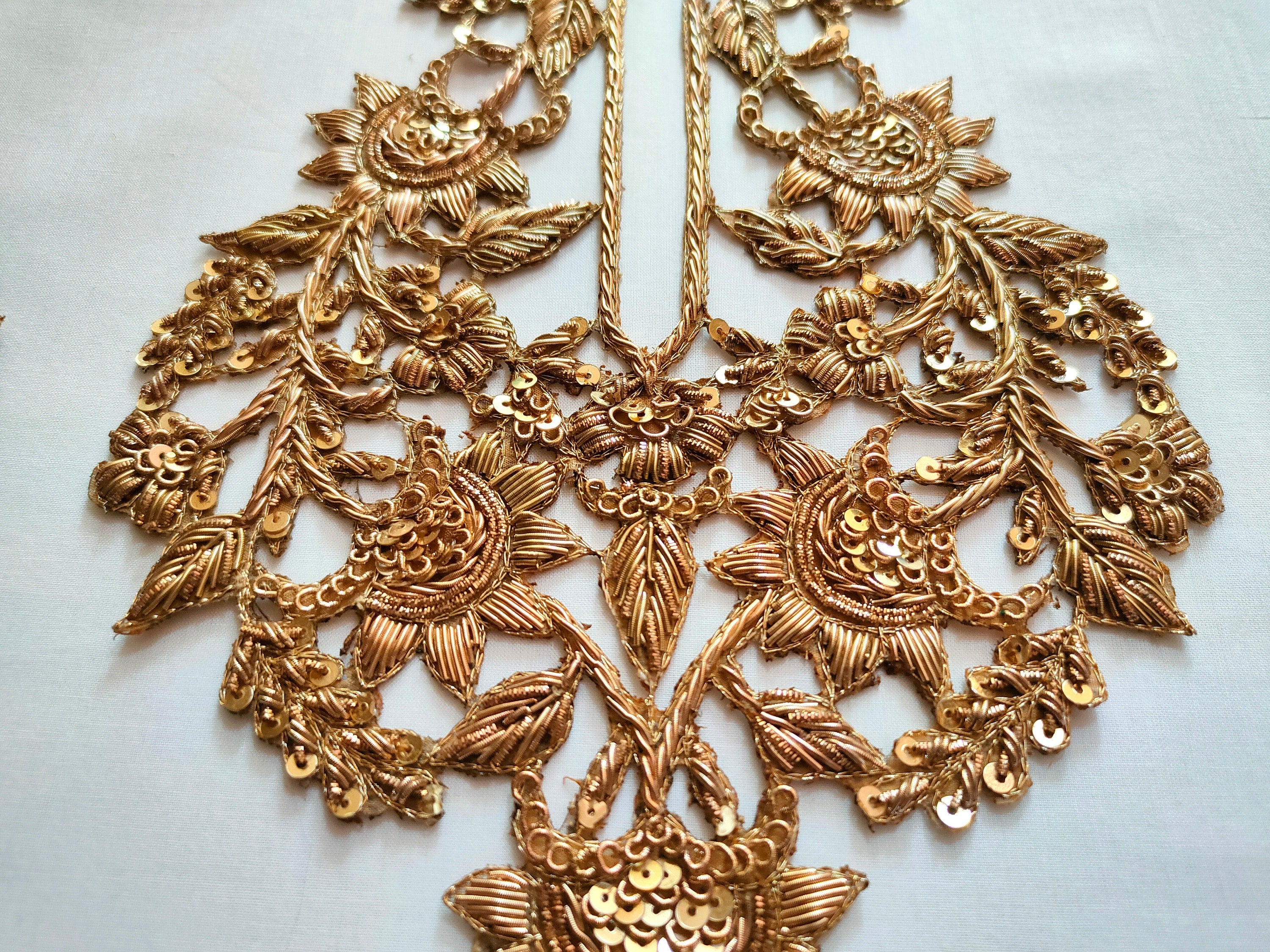 Embroidered Golden Neckline Patch with Sleeves: Indian Zardozi Applique