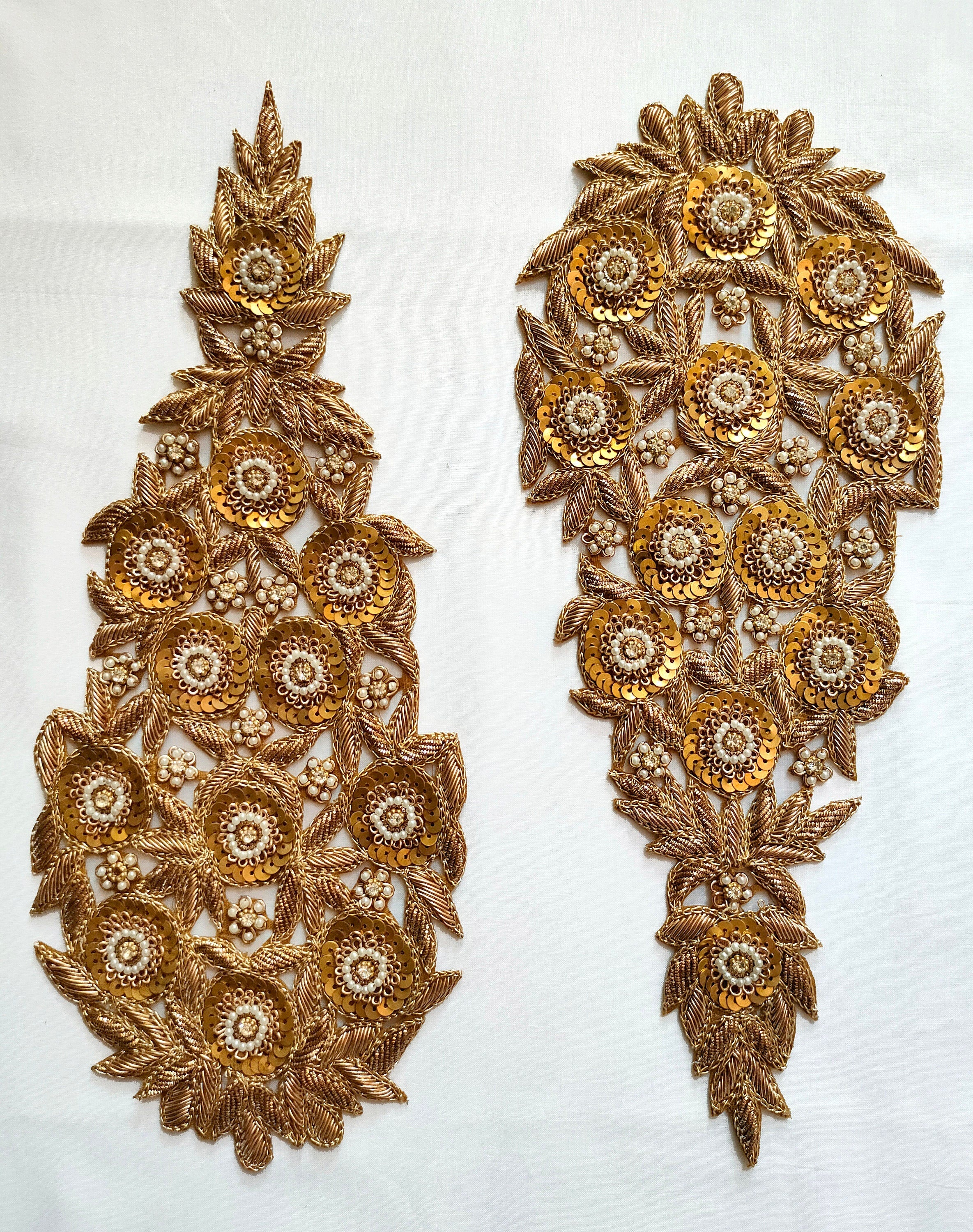 Golden Zardozi Applique Patches: Indian Embroidered Sew-On Embellishments (13x30 cm)