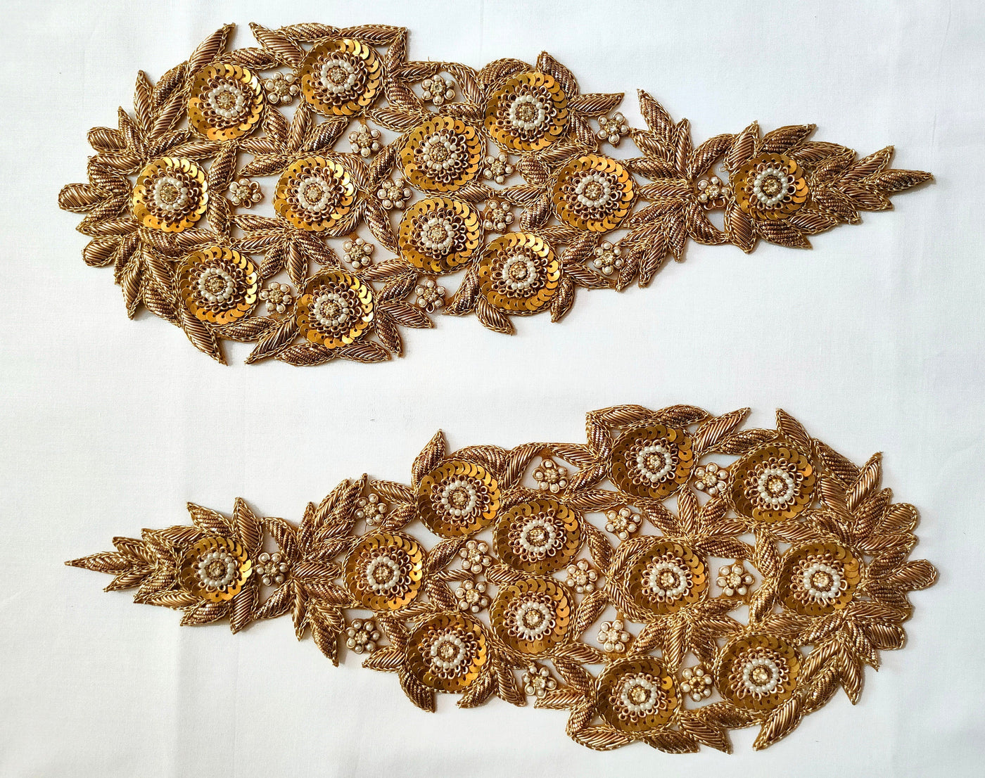 1 Pair - Baroque Golden Long Embroidered Sew on Patch 13x30 cm