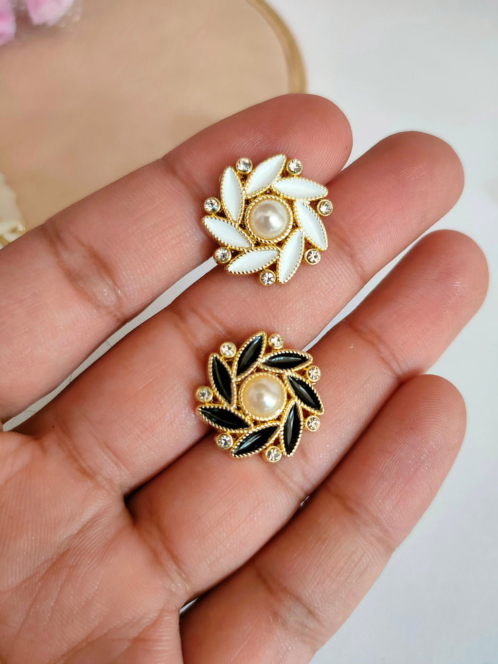 Floral Pearl Rhinestone Buttons: Black/White Crystal Embellishments (Pack of 10)