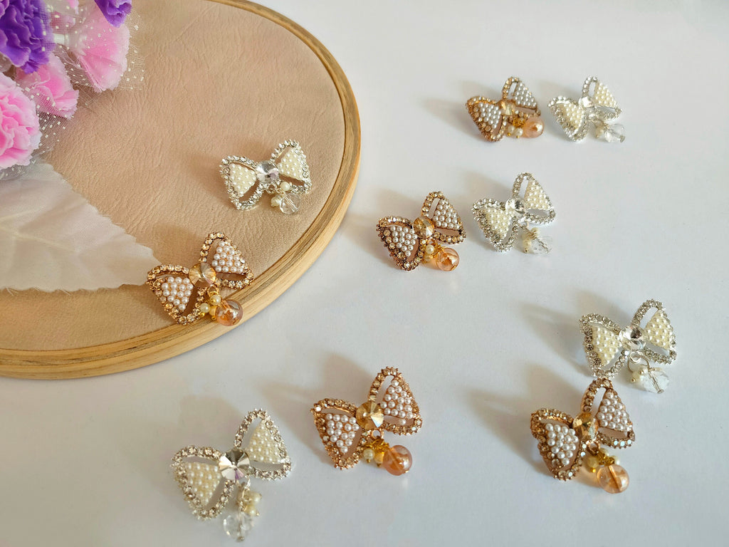 Crystal Pearl Bow Button: Silver/Golden Sew-On Embellishment (Pack of 10)