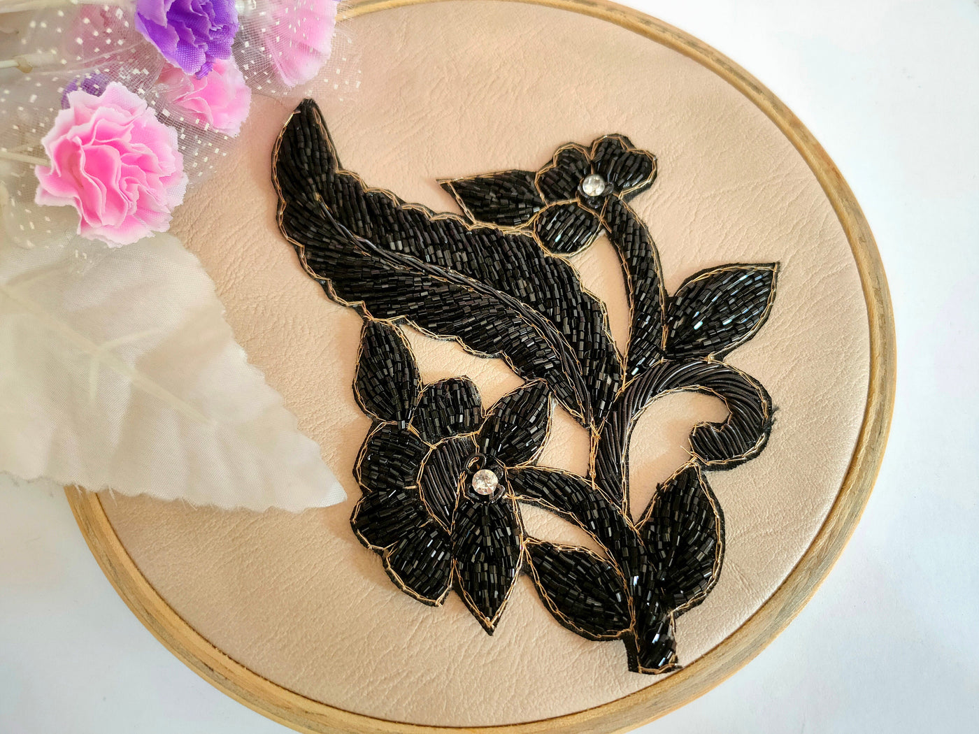 Set of 2- Metallic Black/ Grey Glass Beads Embroidered Sew-On Patch