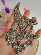 Embroidered Beaded Applique Patch: Metallic Black/Grey Floral Sew-On (Set of 2)