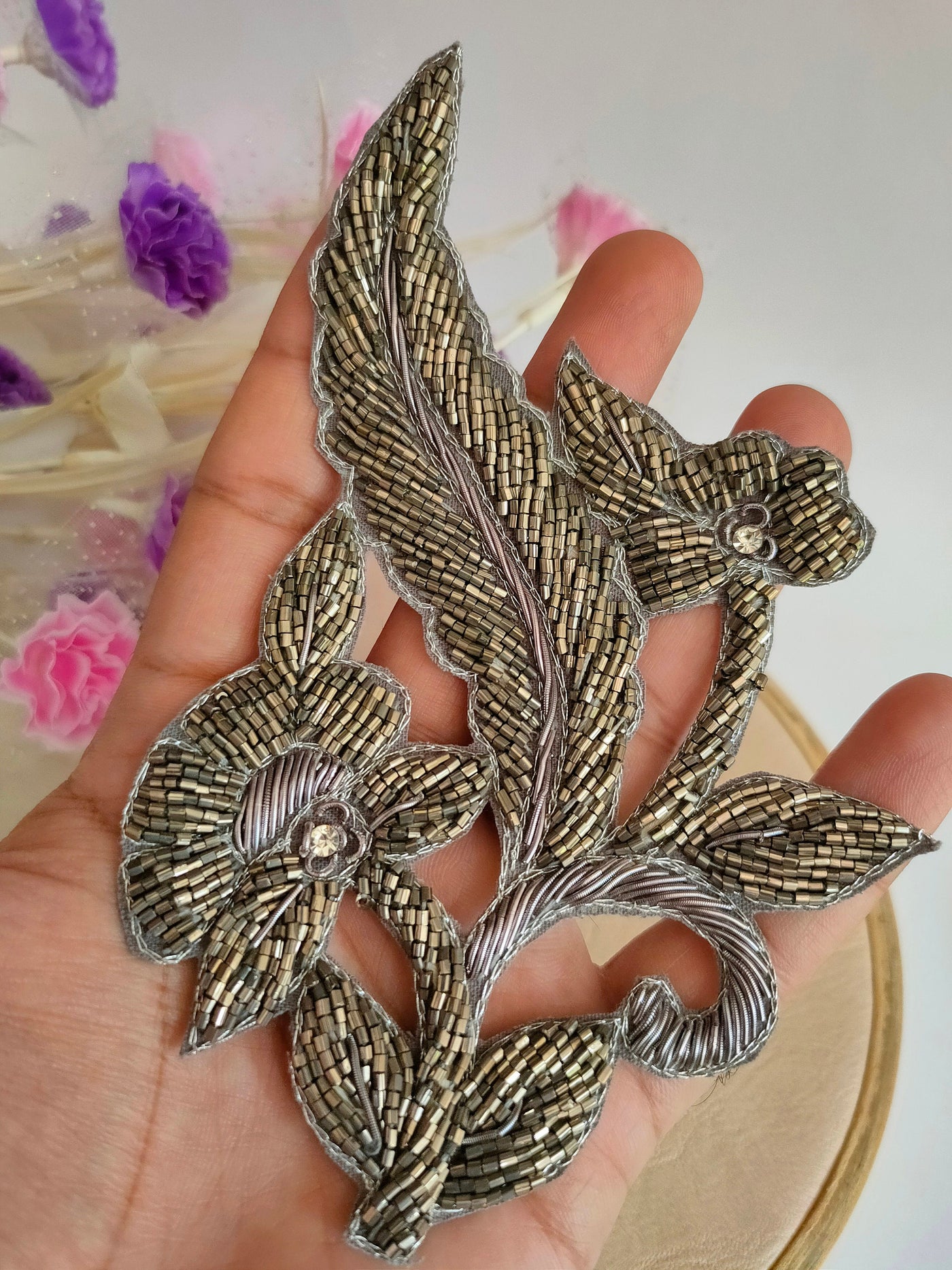 Set of 2- Metallic Black/ Grey Glass Beads Embroidered Sew-On Patch