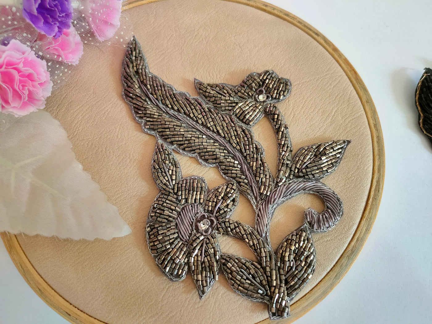 Set of 2- Metallic Black/ Grey Glass Beads Embroidered Sew-On Patch