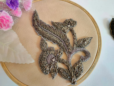 Set of 2- Metallic Black/ Grey Glass Beads Embroidered Sew-On Patch