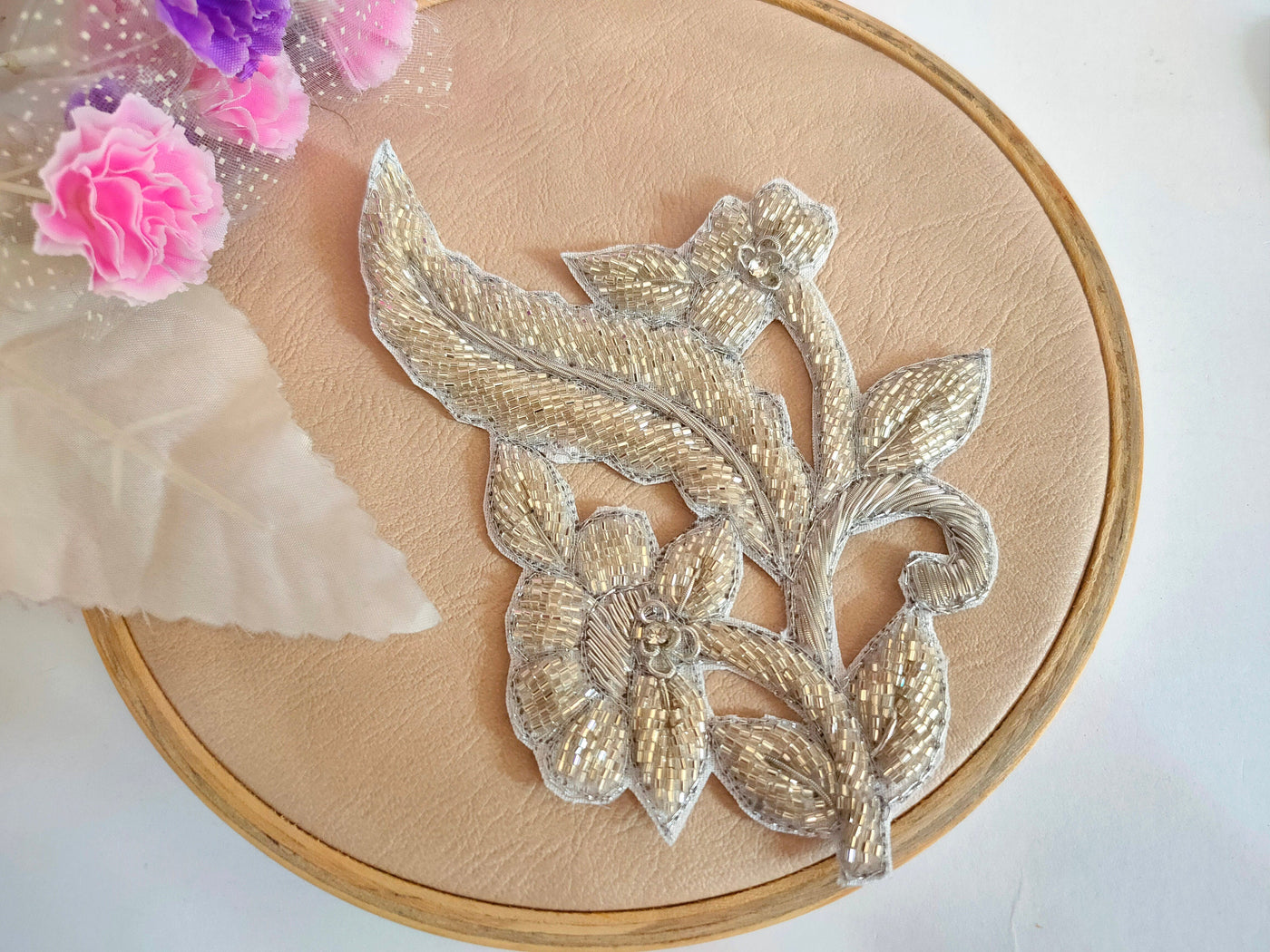 Set of 2- Metallic Gold/ Silver Beads Embroidered Sew -On Patch