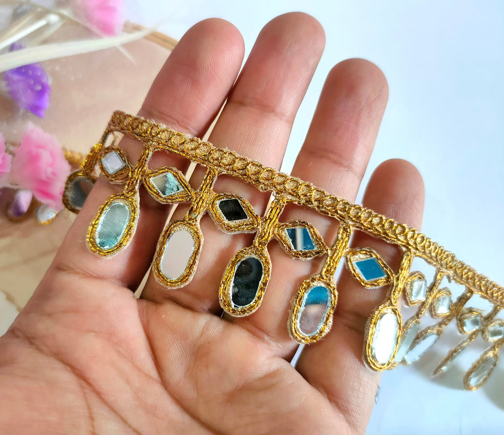 Golden Mirror Sari Border Trim: Indian Wedding Embellishments, 3 Yards