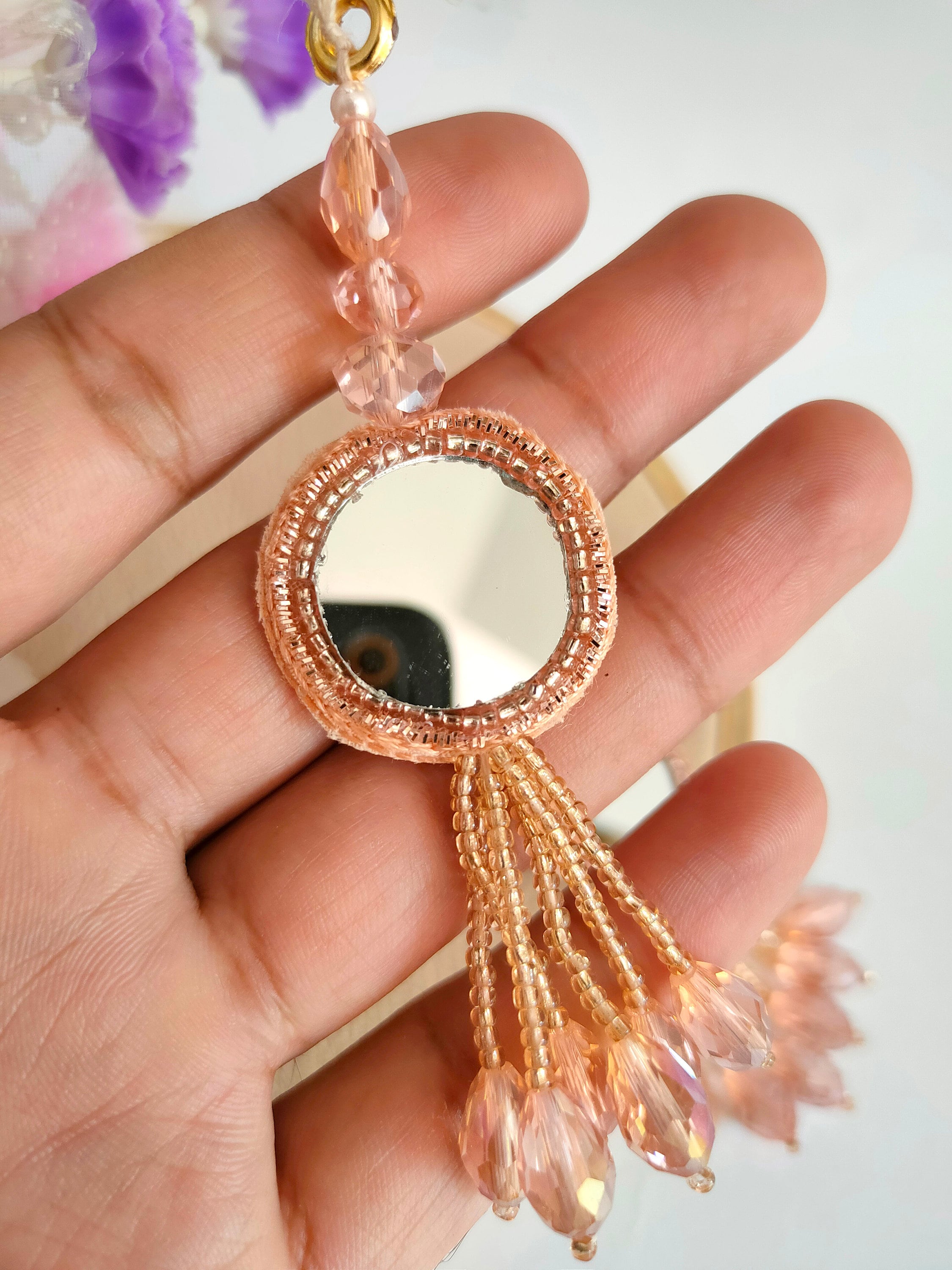 Rose Gold Mirror Latkan Tassels: Crystal Sari Dupatta Embellishments (1 Pair)