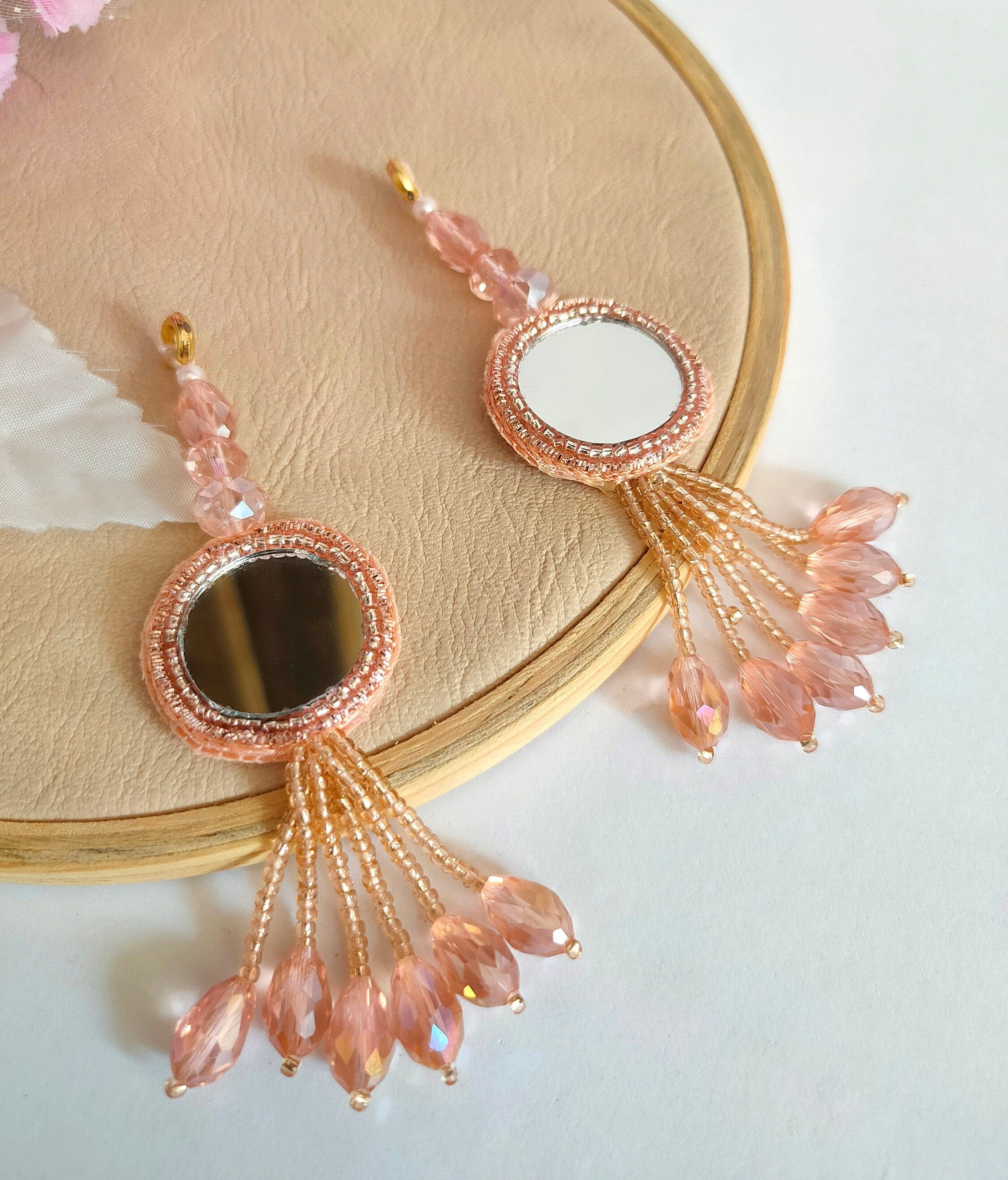 Rose Gold Mirror Latkan Tassels: Crystal Sari Dupatta Embellishments (1 Pair)