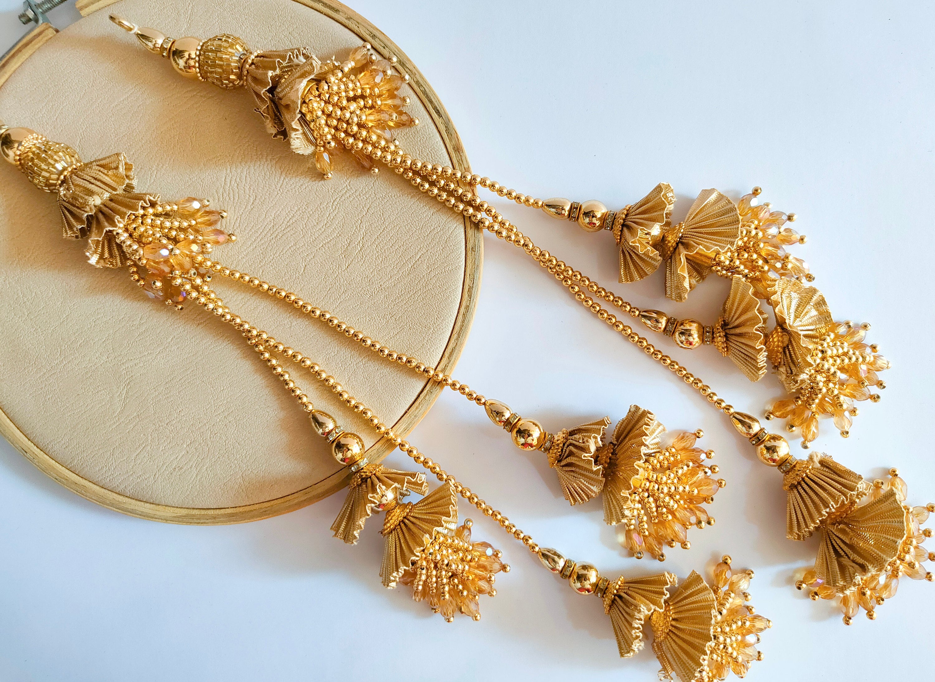 Gold Pearl & Crystal Cutdana Latkan Tassels: Indian Bridal Pair