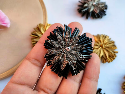 6 Pc - Metallic Black/Golden Beaded Applique Patches - 5cm